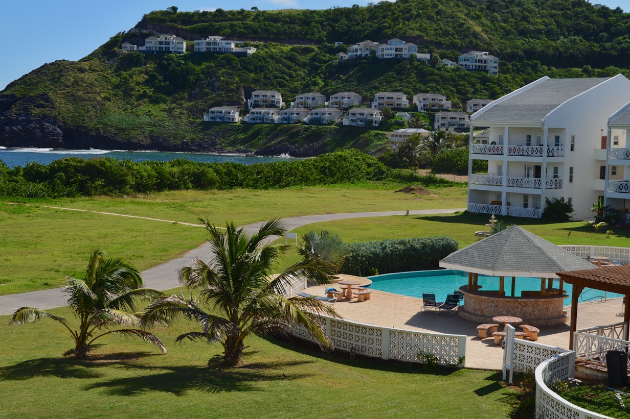 View of the property and Atlantic ocean from the Seaside Breeze condo for sale St. Kitts